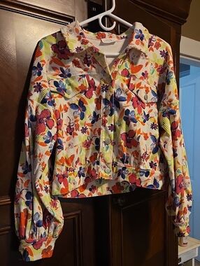 Floral Corduroy Jean Jacket - White with Multicolor Floral Print